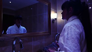 Amateur young brunette enjoys dildo on solo masturbation