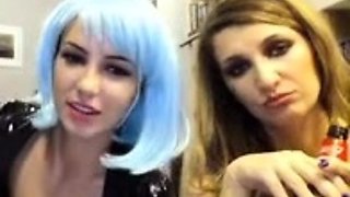 Two tight ass pale lesbian pornstars playing with toy on bed