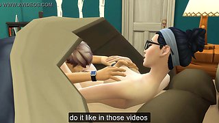 Asian step-mother catches her sonnie again fingering in his room watching a xxx video in front of the computer and she decided to help him by having sex with him