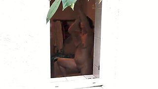 Neighbor Watches My Sexy Wife Shower Naked Outside - Public MILF Shower Voyeur