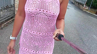 A Public Walk Around the City Without Underwear in a Transparent Dress