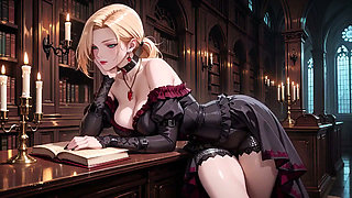 Blonde in a Black Gown Swaying on Red Velvet, Candlelight Gaze and Fan Teasing the Collarbone