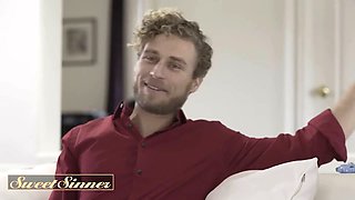 Saucy sinner - crazy nanny sucks her man's cock in the living room while she's working