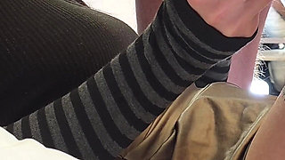 POV Version Hot Brunette Babe Makes a Big Cock Guy Cums on Her Legs in CFNM Handjob Horny Bored Ignored Mode
