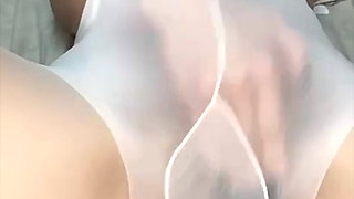 Squirting Girl in Pantyhose Pegging, Flashes Her Tits, Fingers Pussy and Squirts Hard