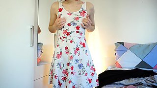 Small titted brunette Sharron with glasses masturbates