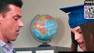 Mature woman in graduation cap gulps her teacher's molten