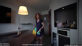French MILF maid with perfect ass caught masturbating, gets anal fucked by a hotel guest