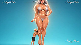 Silver-haired Anime Giantess Bounces on Her Toes While a Tiny Man Hugs Her Ankle