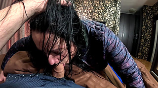 Blue Leather Cameltoe & Downjacket Fetish Sloppy Oral, Spit Play & Cum on Clothes