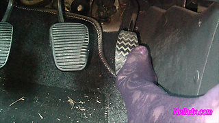 Nyllady's Footjob to Gearshift and Wheel in Patterned Pantyhose