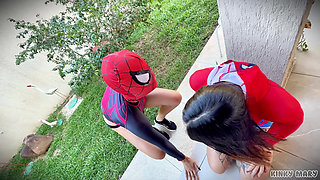 Spider-man Cosplay Threesome - Masked Throat, Outdoor Anal, Piss in Both Mouths